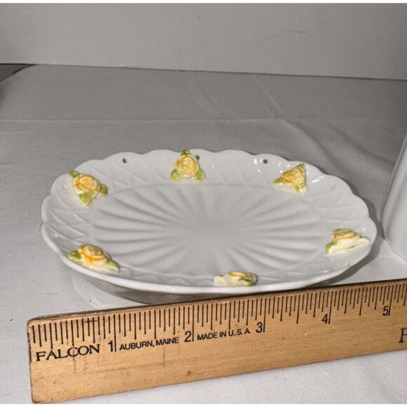 Jakson Japan Yellow Eyelet Rose Soap Dish & Tumbler Set Ceramic Floral Design - Picture 7 of 12